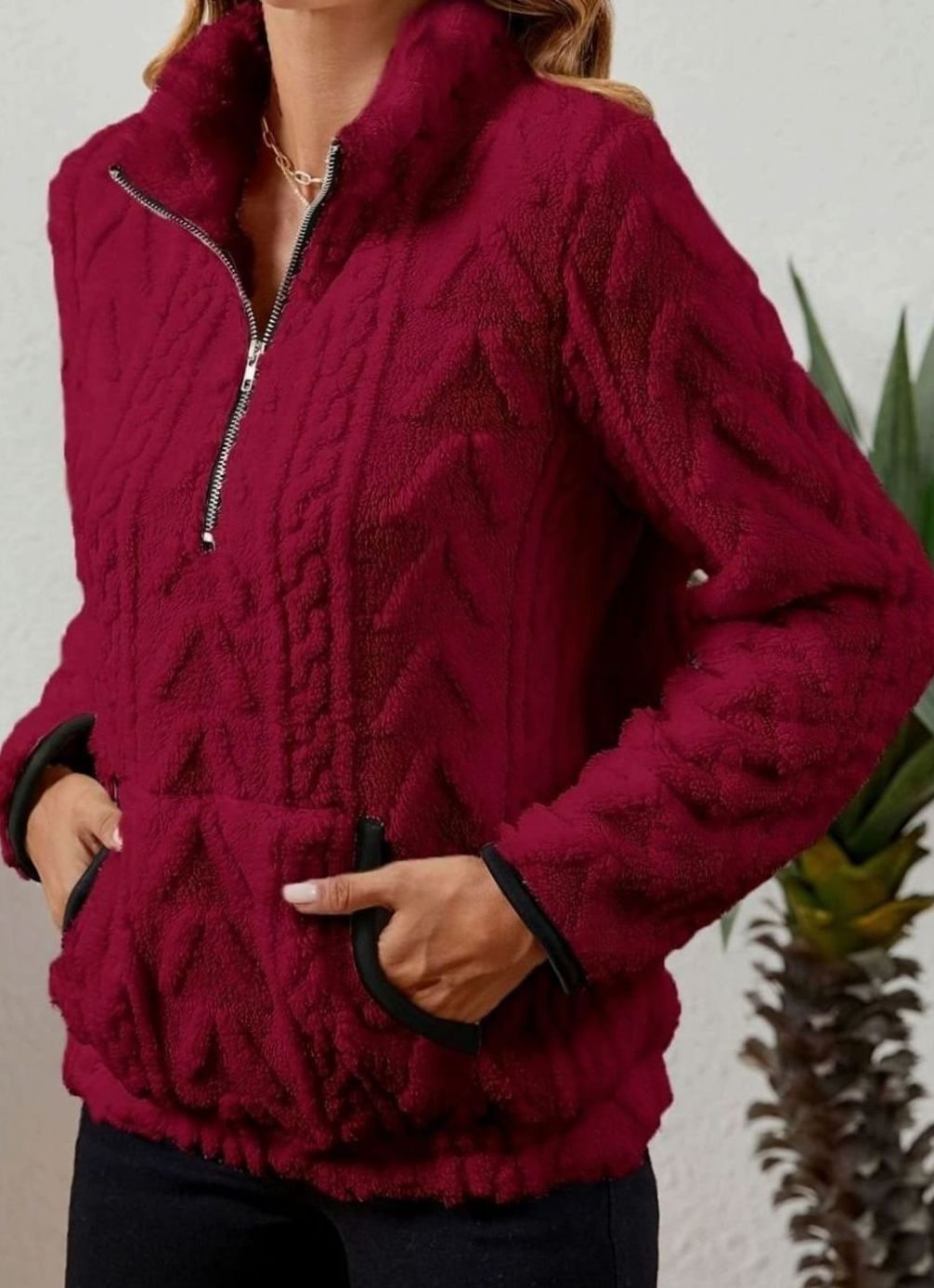 Women's Textured Fleece Half-Zip Kangaroo Pocket Pullover Sweater