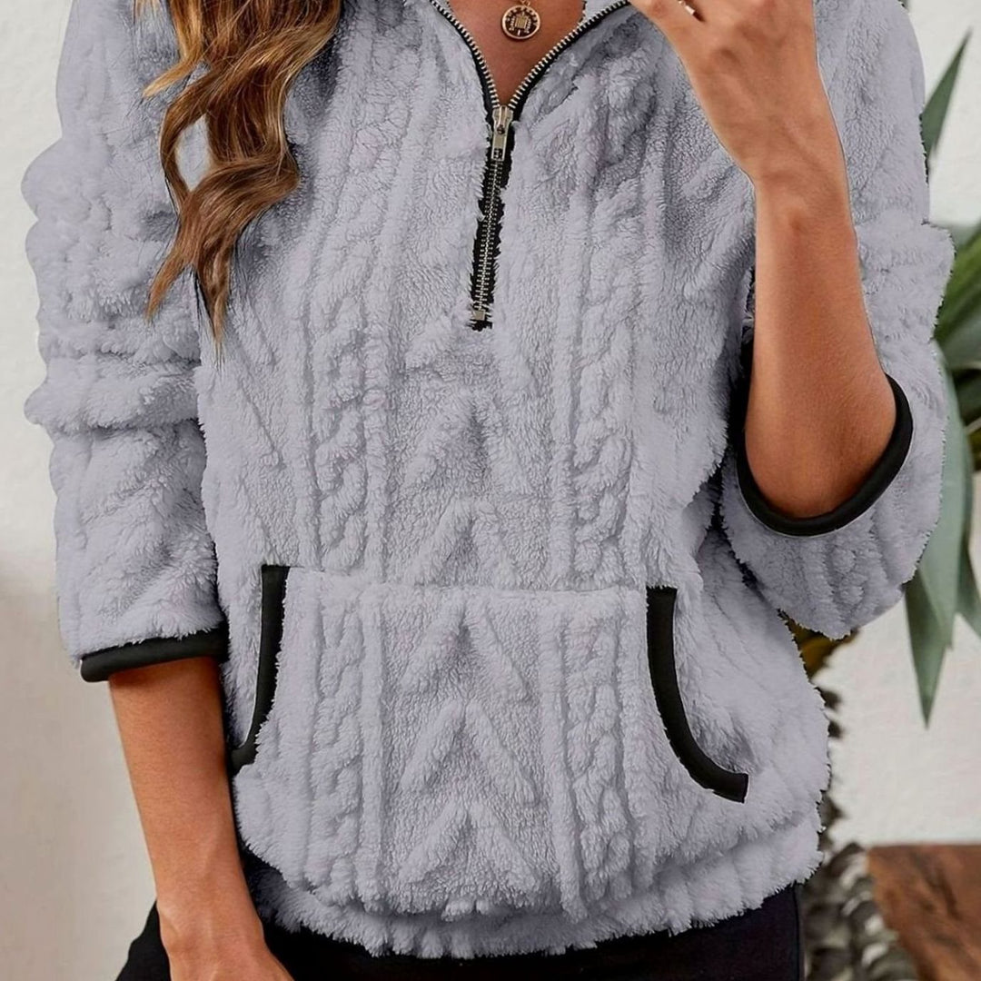 Women's Textured Fleece Half-Zip Kangaroo Pocket Pullover Sweater - Grey
