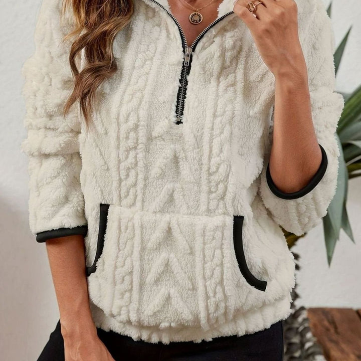 Women's Textured Fleece Half-Zip Kangaroo Pocket Pullover Sweater - White