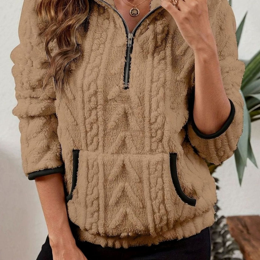 Women's Textured Fleece Half-Zip Kangaroo Pocket Pullover Sweater - Khaki