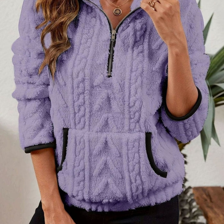 Women's Textured Fleece Half-Zip Kangaroo Pocket Pullover Sweater - Purple