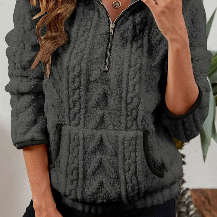 Women's Textured Fleece Half-Zip Kangaroo Pocket Pullover Sweater - Dark Gray