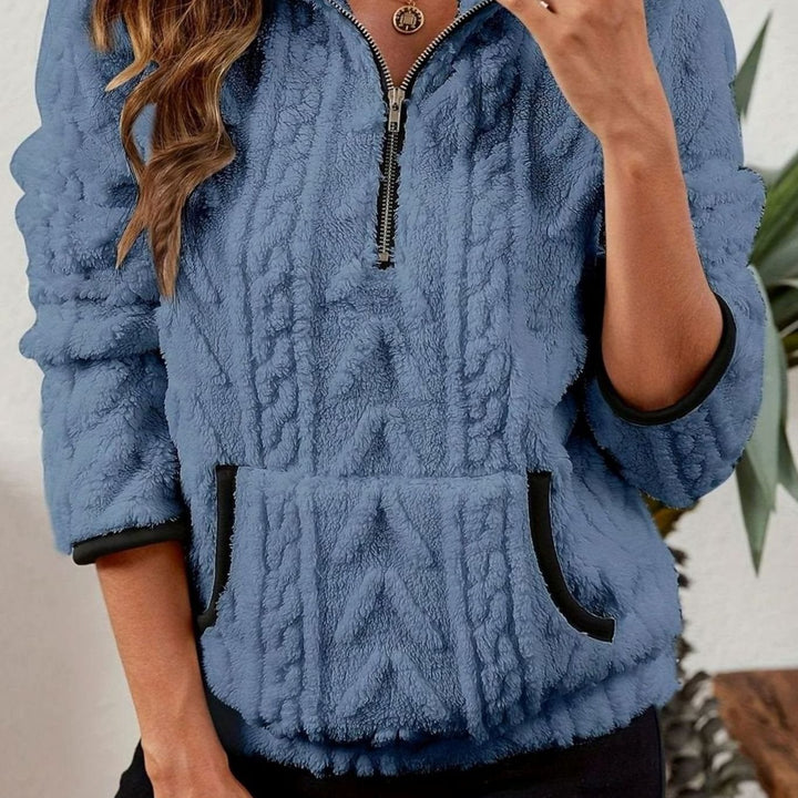 Women's Textured Fleece Half-Zip Kangaroo Pocket Pullover Sweater - Blue