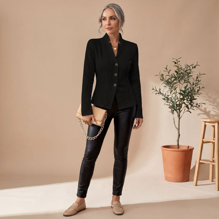 Women's Textured Woven Button-Front Stand-Collar Blazer - Black