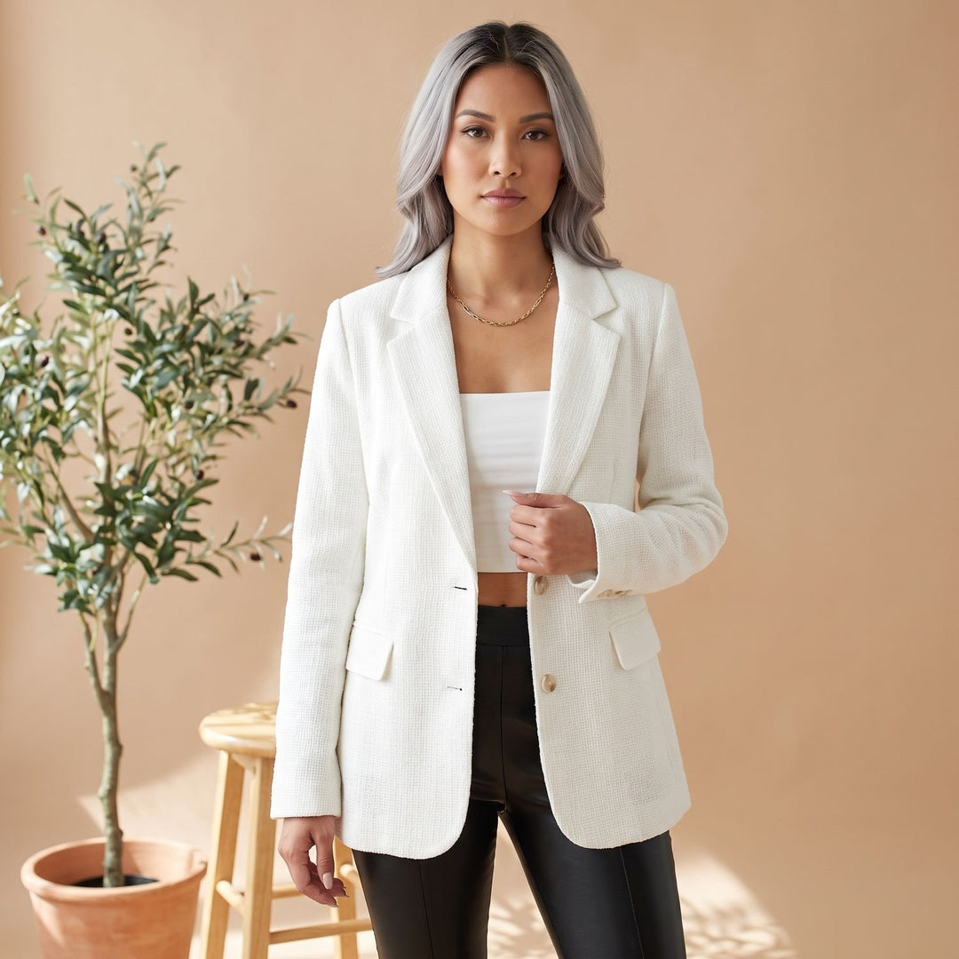 Women's Textured Woven Button-Front Stand-Collar Blazer - White