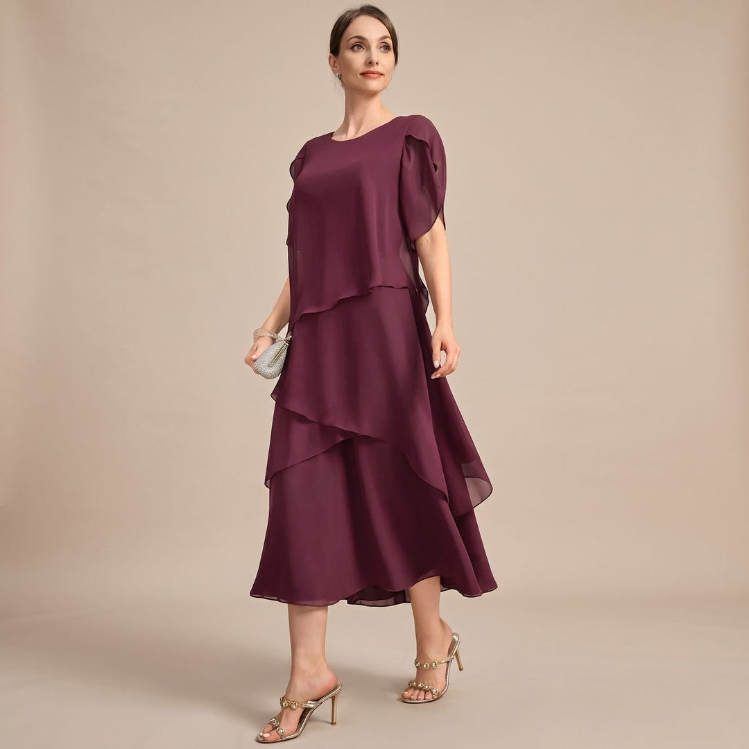 Women's Tiered Chiffon Round-Neck Midi Party Dress - Burgundy