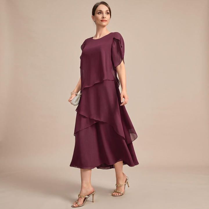 Women's Tiered Chiffon Round-Neck Midi Party Dress - Burgundy