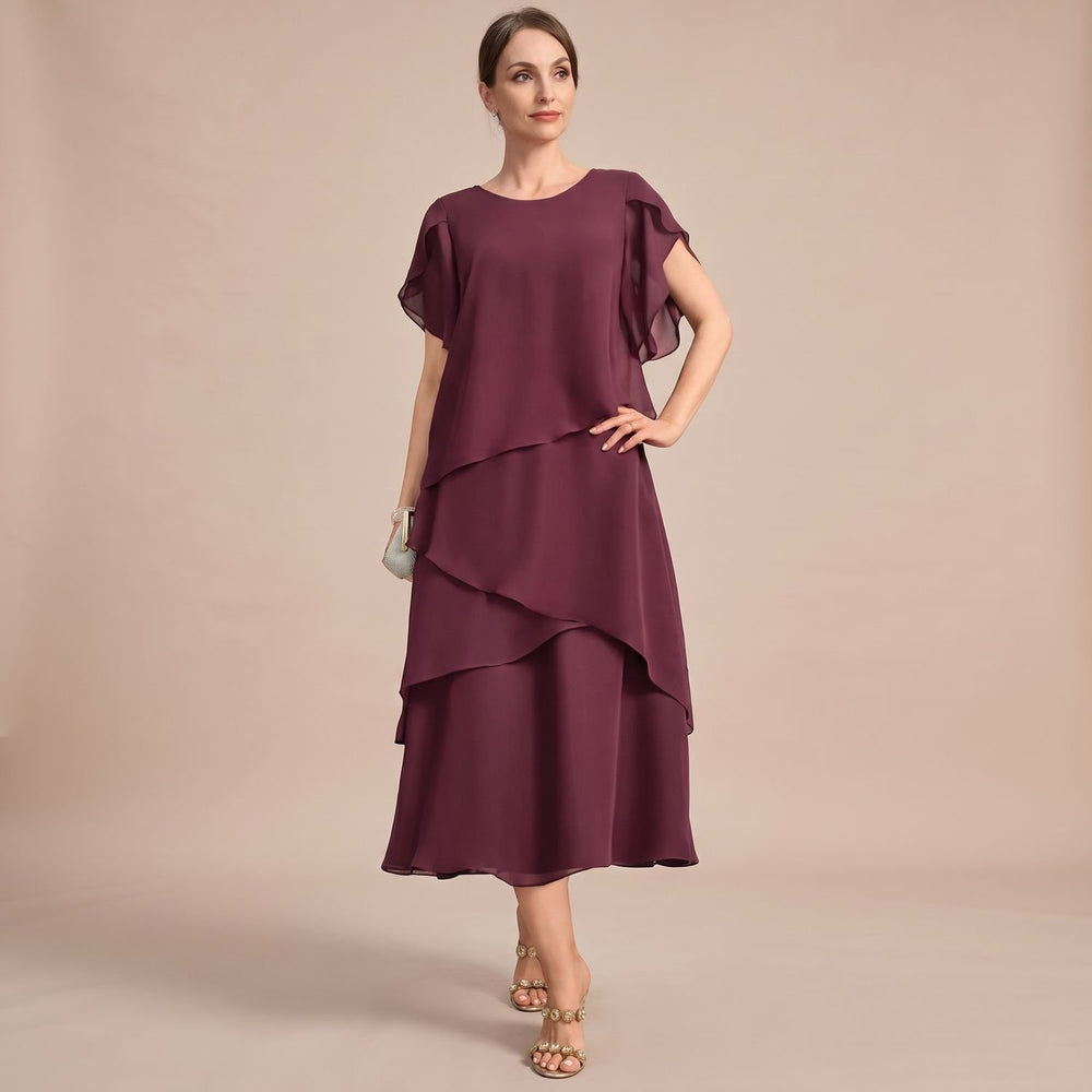 Women's Tiered Chiffon Round-Neck Midi Party Dress