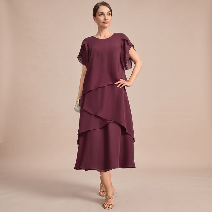 Women's Tiered Chiffon Round-Neck Midi Party Dress