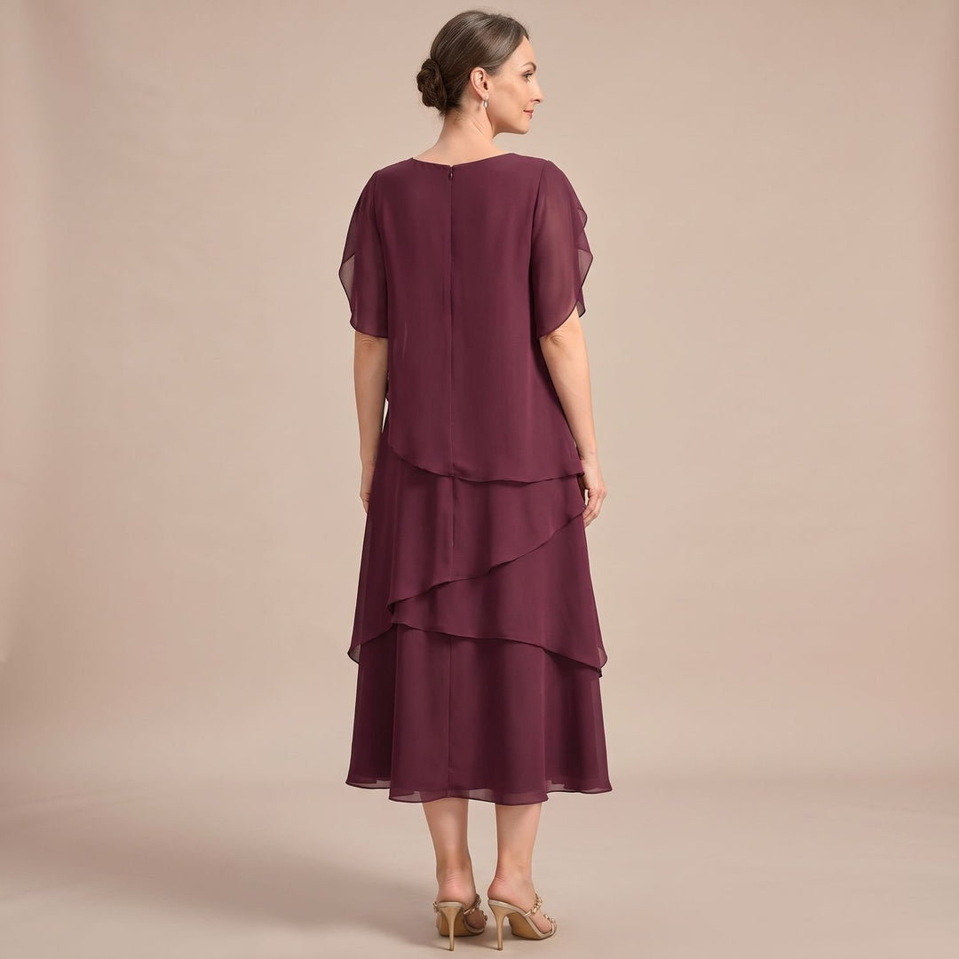 Women's Tiered Chiffon Round-Neck Midi Party Dress