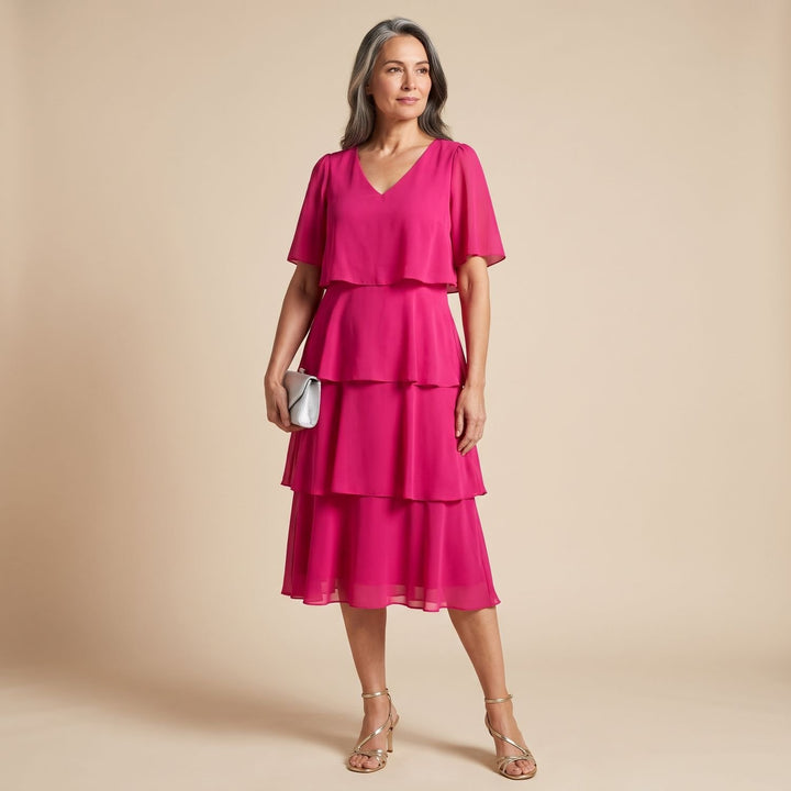 Women's Tiered Chiffon Round-Neck Midi Party Dress - Fuchsia Pink