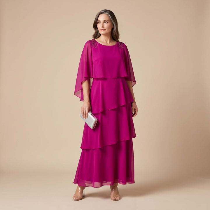 Women's Tiered Chiffon Round-Neck Midi Party Dress