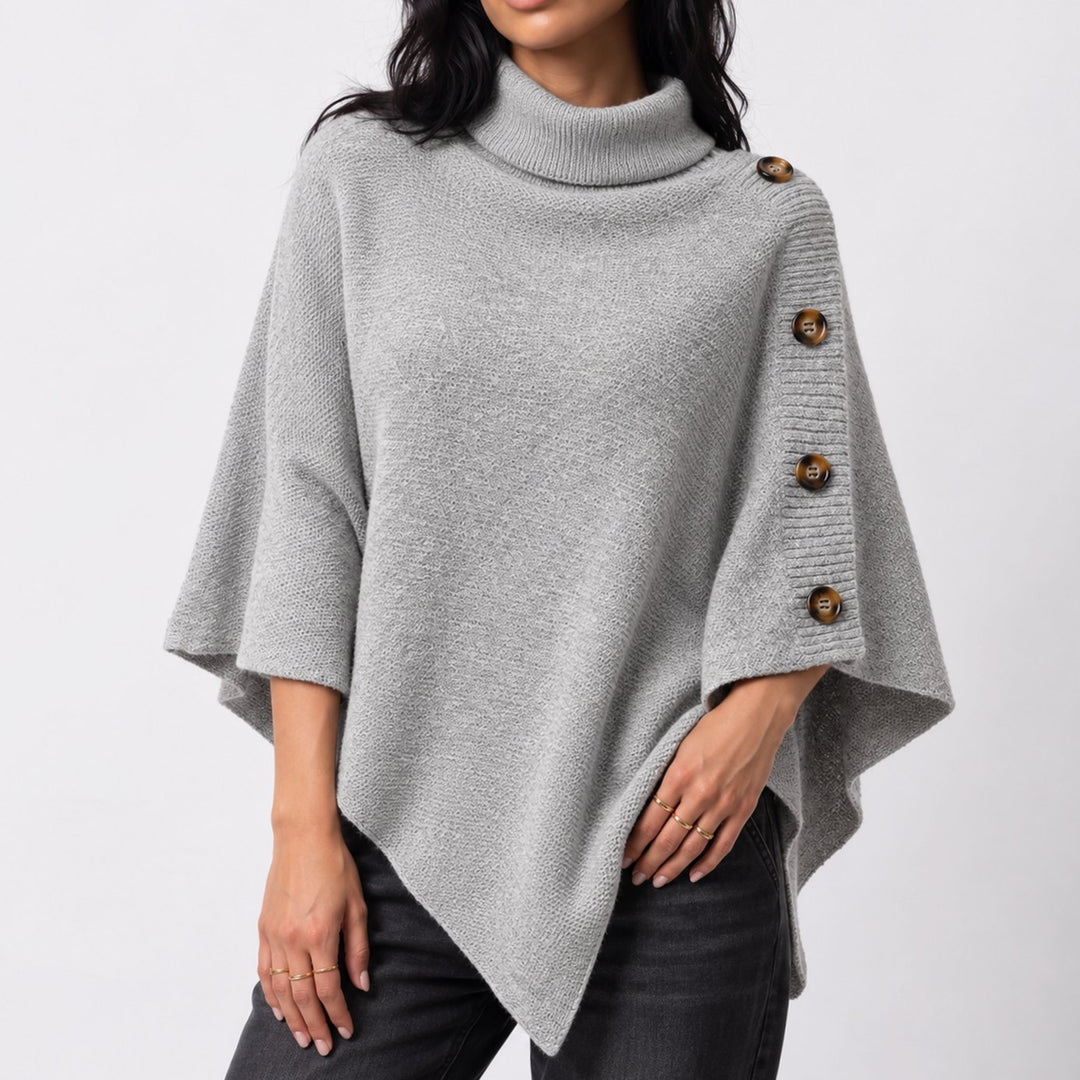 Women's Turtleneck Knit Asymmetric Poncho Sweater Button Detail - Gray