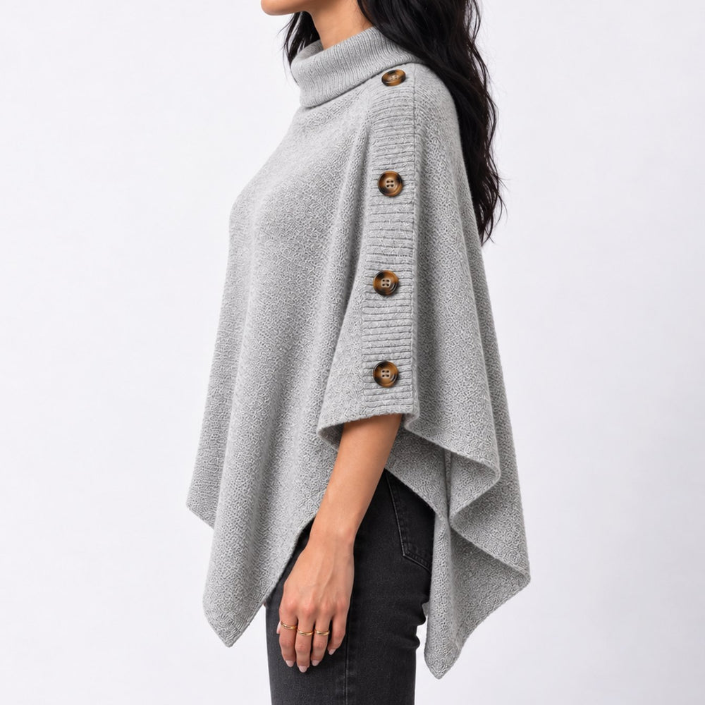 Women's Turtleneck Knit Asymmetric Poncho Sweater Button Detail