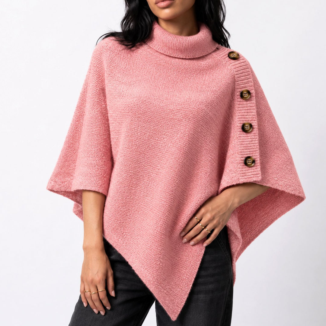 Women's Turtleneck Knit Asymmetric Poncho Sweater Button Detail - Pink
