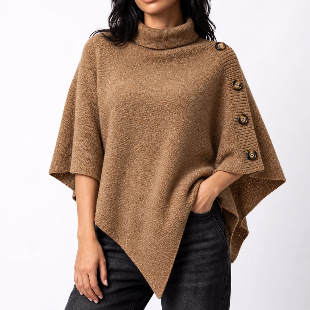 Women's Turtleneck Knit Asymmetric Poncho Sweater Button Detail - Brown