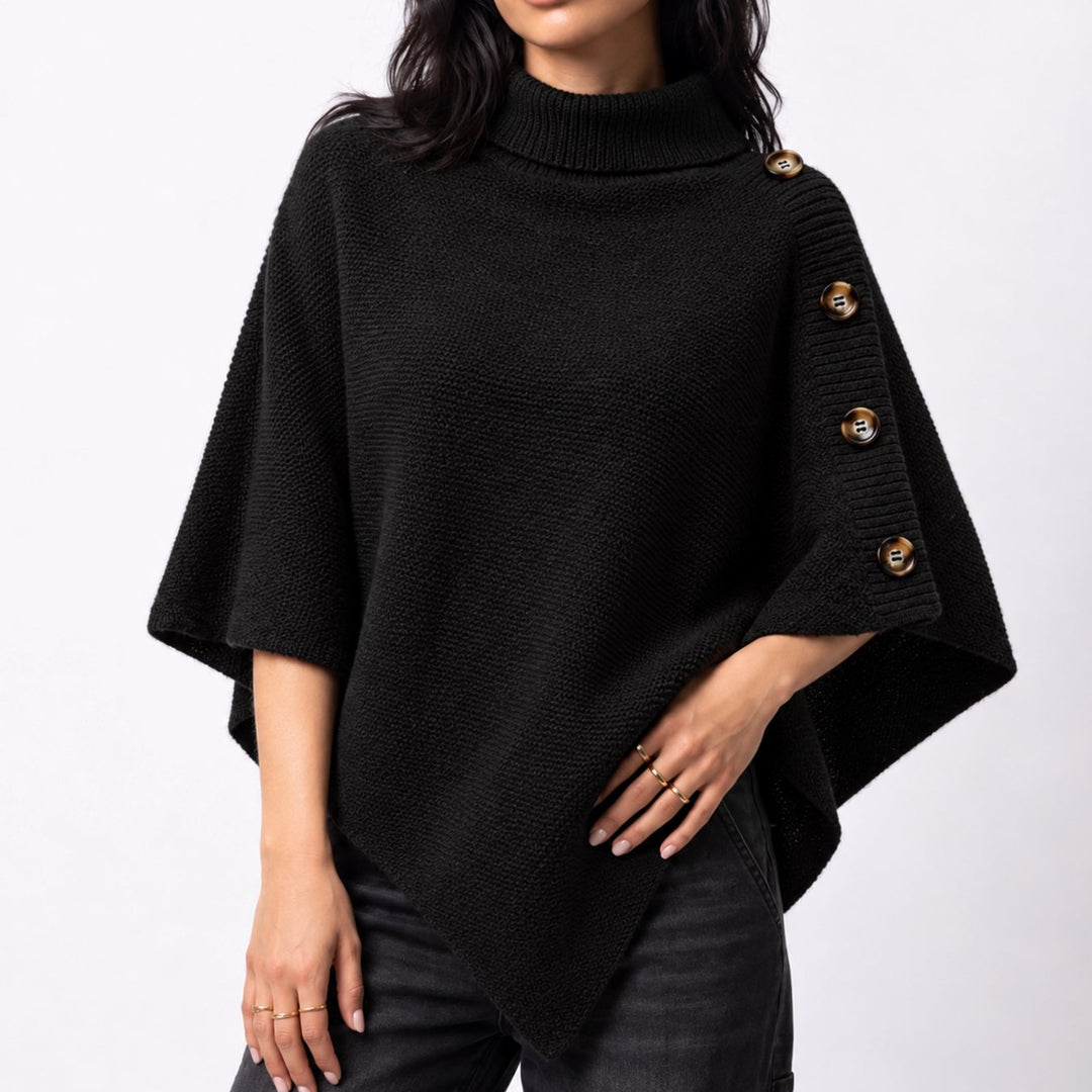 Women's Turtleneck Knit Asymmetric Poncho Sweater Button Detail - Black