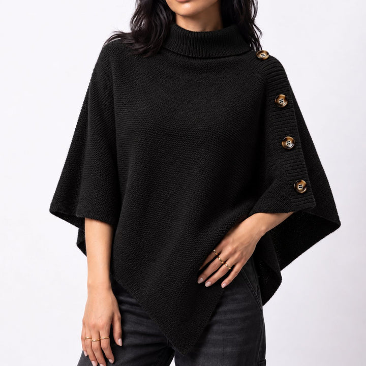Women's Turtleneck Knit Asymmetric Poncho Sweater Button Detail - Black