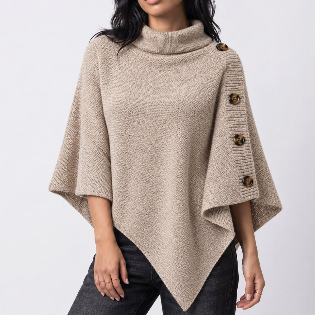 Women's Turtleneck Knit Asymmetric Poncho Sweater Button Detail - Beige