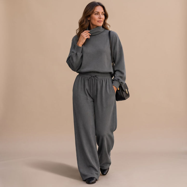Women's Turtleneck Wide-Leg Two Piece Set Flowy Pants - Gray