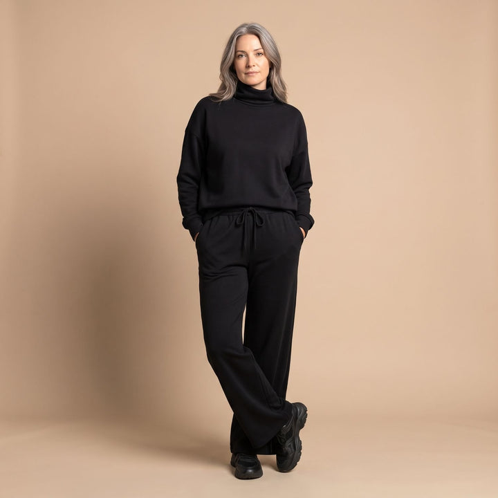 Women's Turtleneck Wide-Leg Two Piece Set Flowy Pants - Black