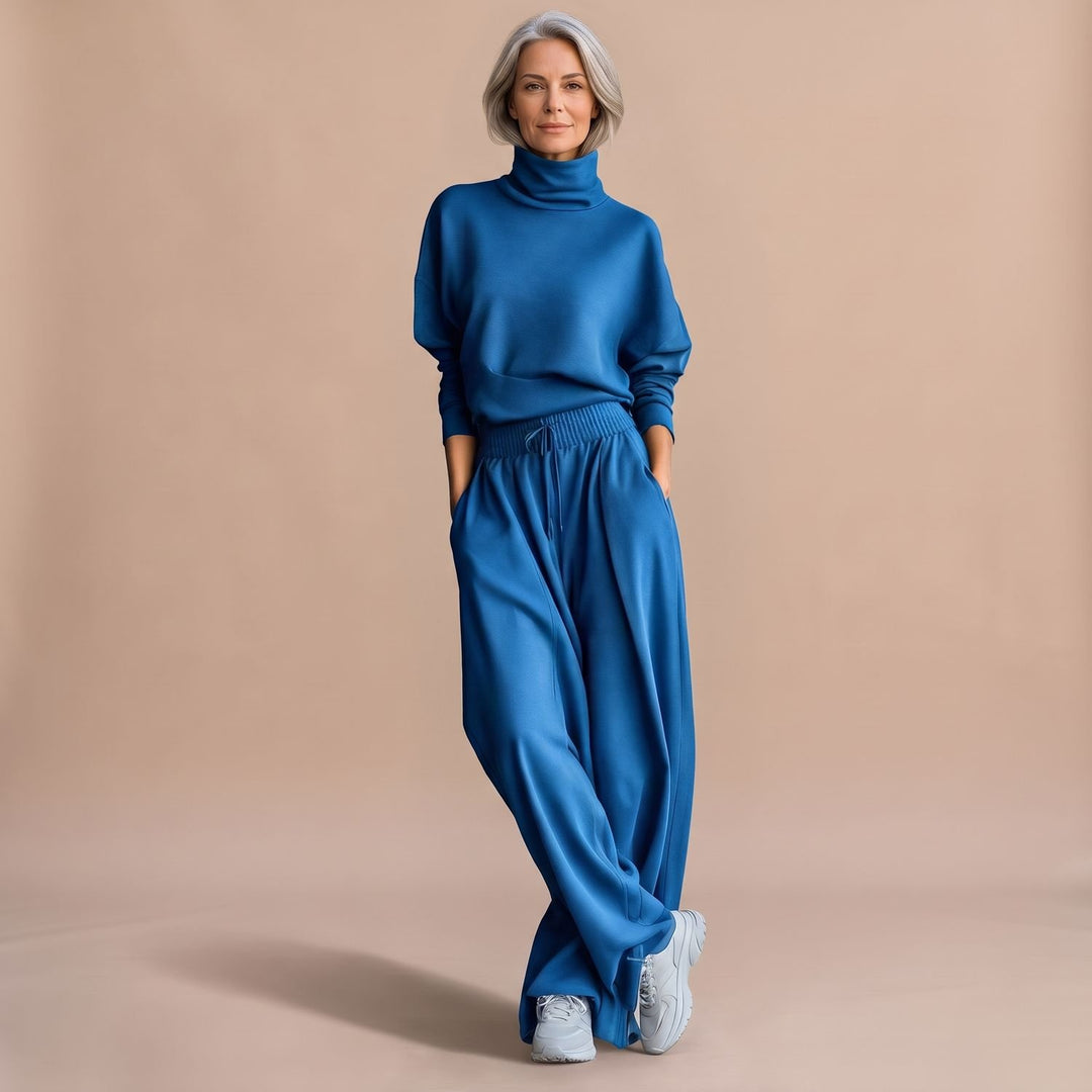 Women's Turtleneck Wide-Leg Two Piece Set Flowy Pants - Blue