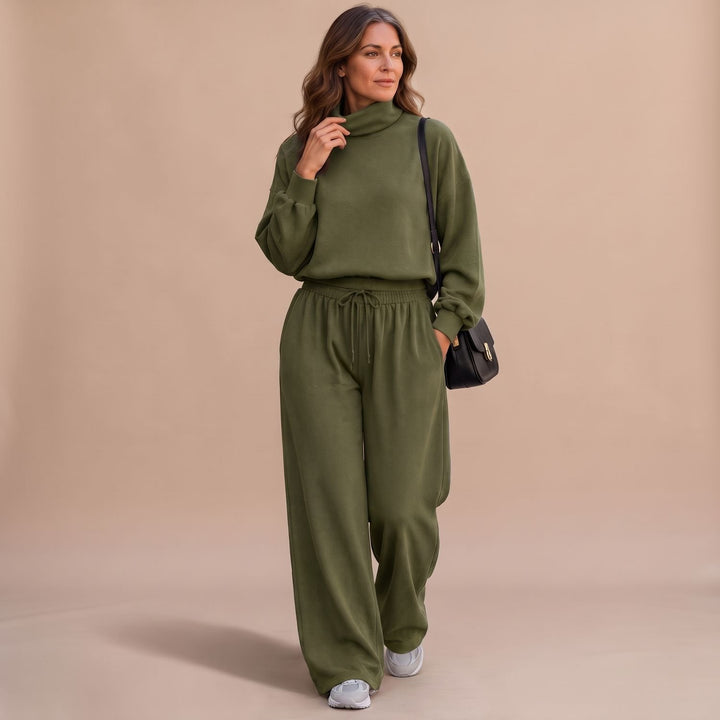 Women's Turtleneck Wide-Leg Two Piece Set Flowy Pants - Olive