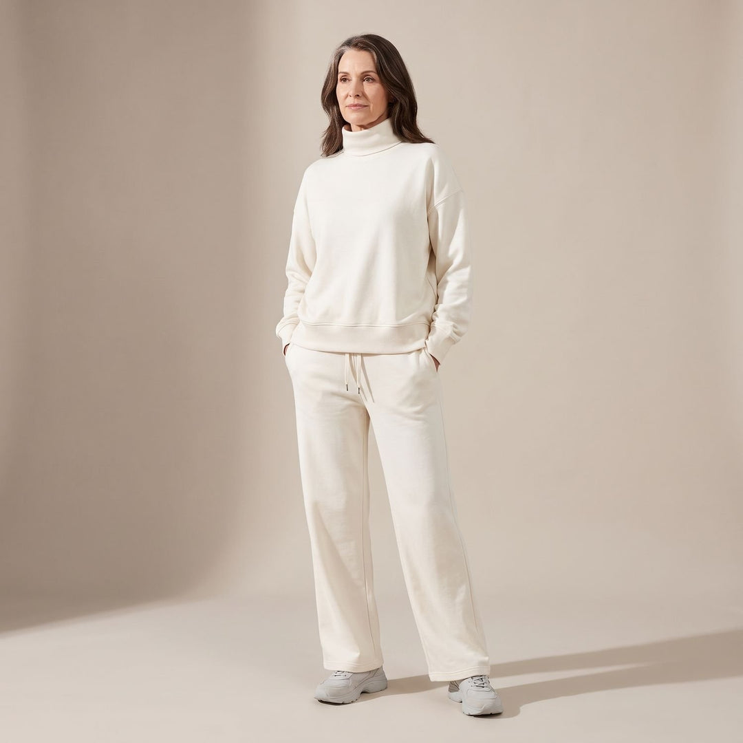 Women's Turtleneck Wide-Leg Two Piece Set Flowy Pants - Cream