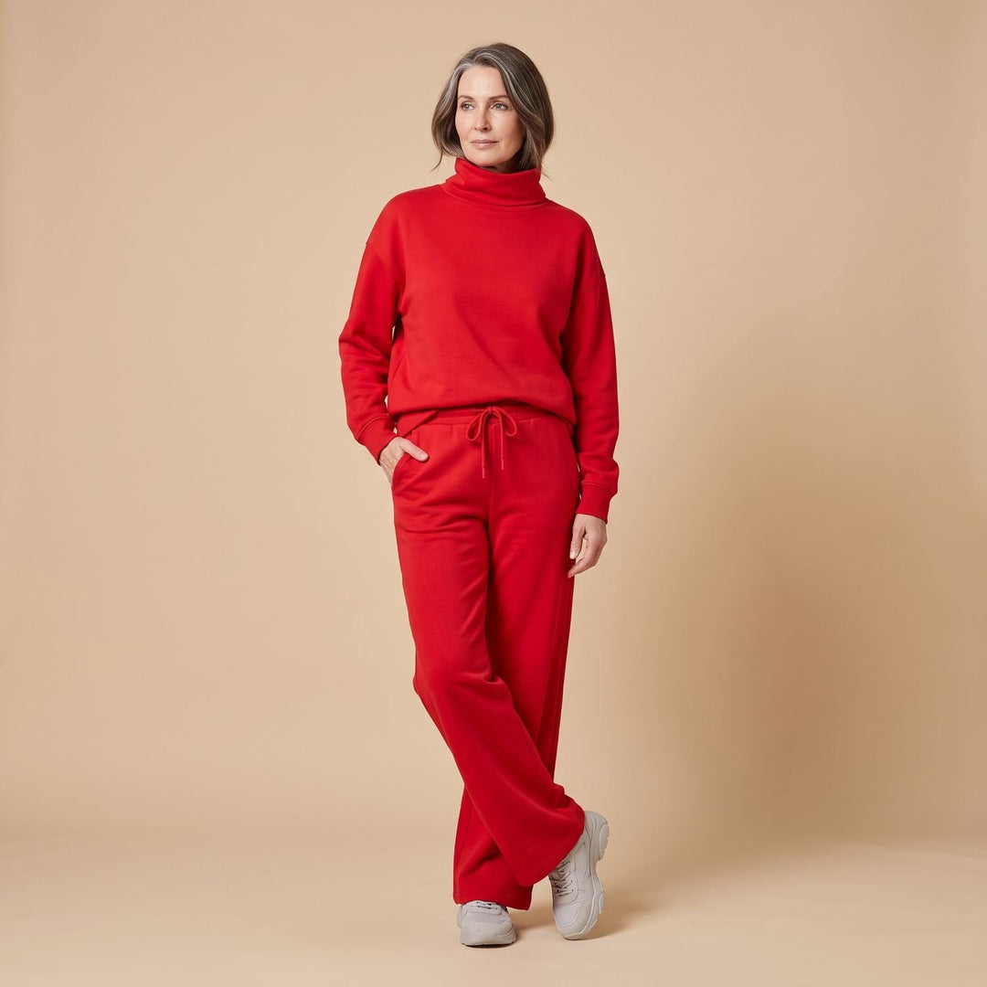 Women's Turtleneck Wide-Leg Two Piece Set Flowy Pants - Red