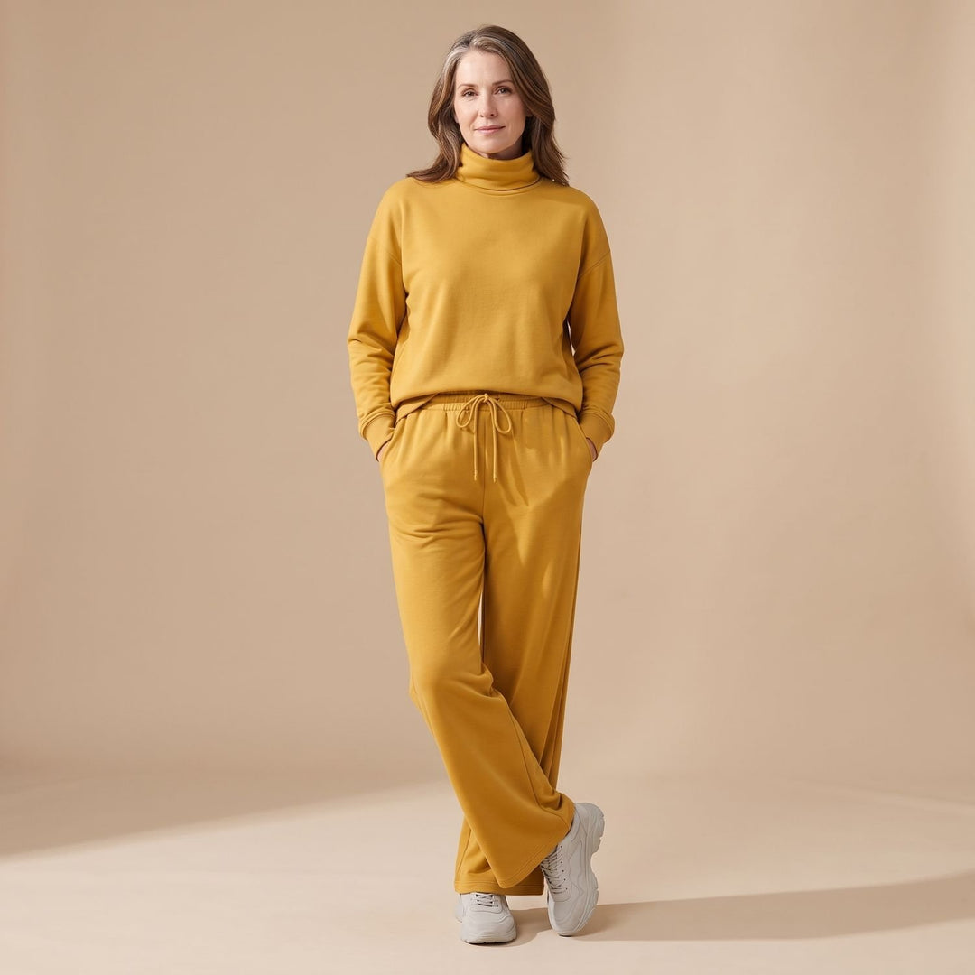 Women's Turtleneck Wide-Leg Two Piece Set Flowy Pants - Mustard