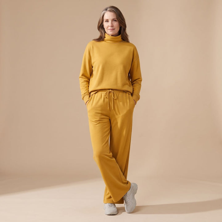 Women's Turtleneck Wide-Leg Two Piece Set Flowy Pants - Mustard