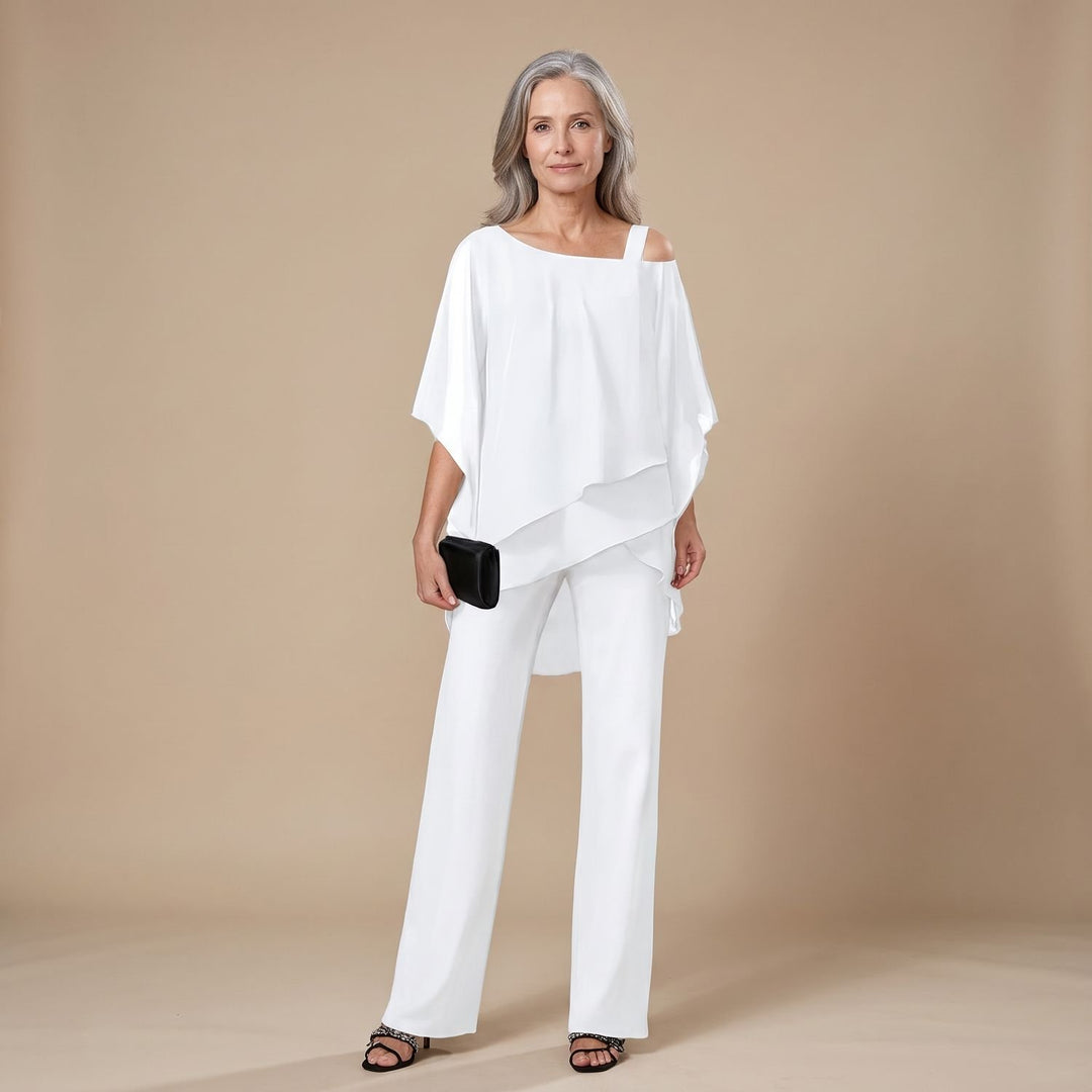 Women's Two Piece Set Asymmetric Layered Open-Shoulder Wide-Leg Pant Suit - White
