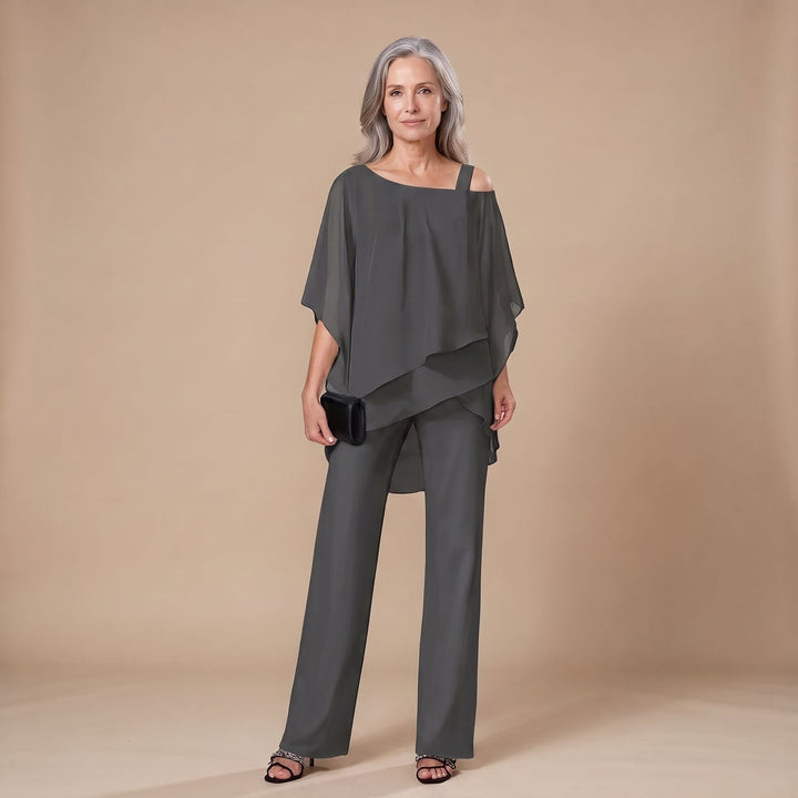 Women's Two Piece Set Asymmetric Layered Open-Shoulder Wide-Leg Pant Suit - Black