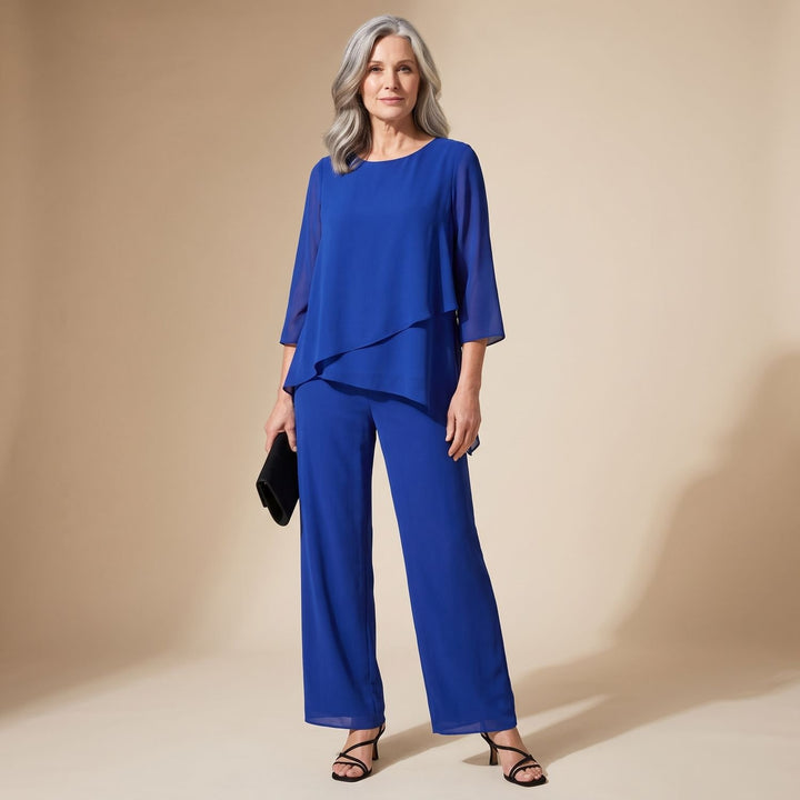 Women's Two Piece Set Asymmetric Layered Open-Shoulder Wide-Leg Pant Suit - Blue