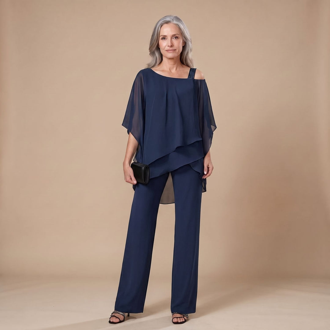 Women's Two Piece Set Asymmetric Layered Open-Shoulder Wide-Leg Pant Suit - Navy Blue