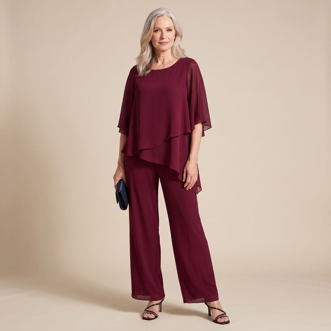 Women's Two Piece Set Asymmetric Layered Open-Shoulder Wide-Leg Pant Suit - Red