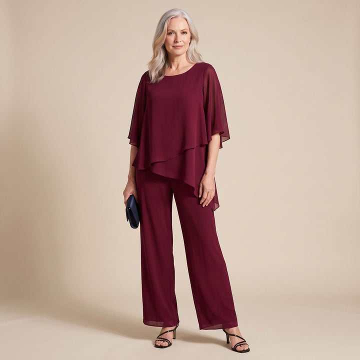 Women's Two Piece Set Asymmetric Layered Open-Shoulder Wide-Leg Pant Suit - Red