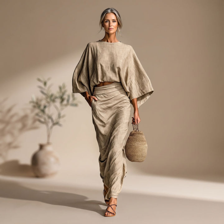 Women's Two Piece Set Batwing Top Long Skirt Co-ord - Khaki