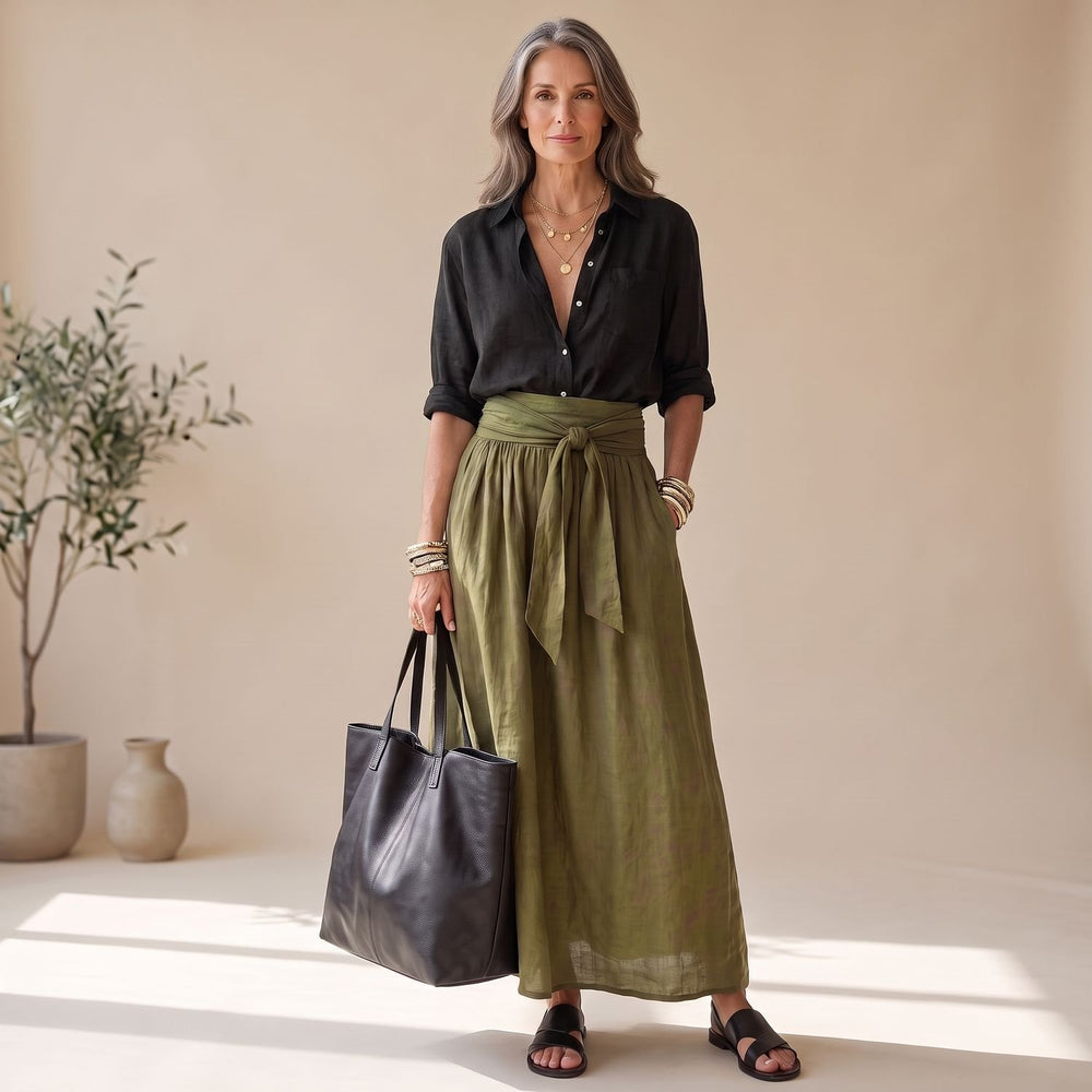 Women's Two Piece Set Button-Up Blouse High-Waist Tie Midi Skirt - Black & Olive Green