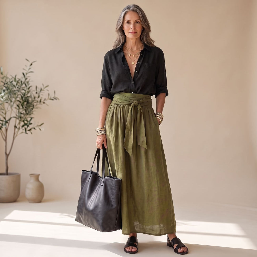 Women's Two Piece Set Button-Up Blouse High-Waist Tie Midi Skirt - Black & Olive Green