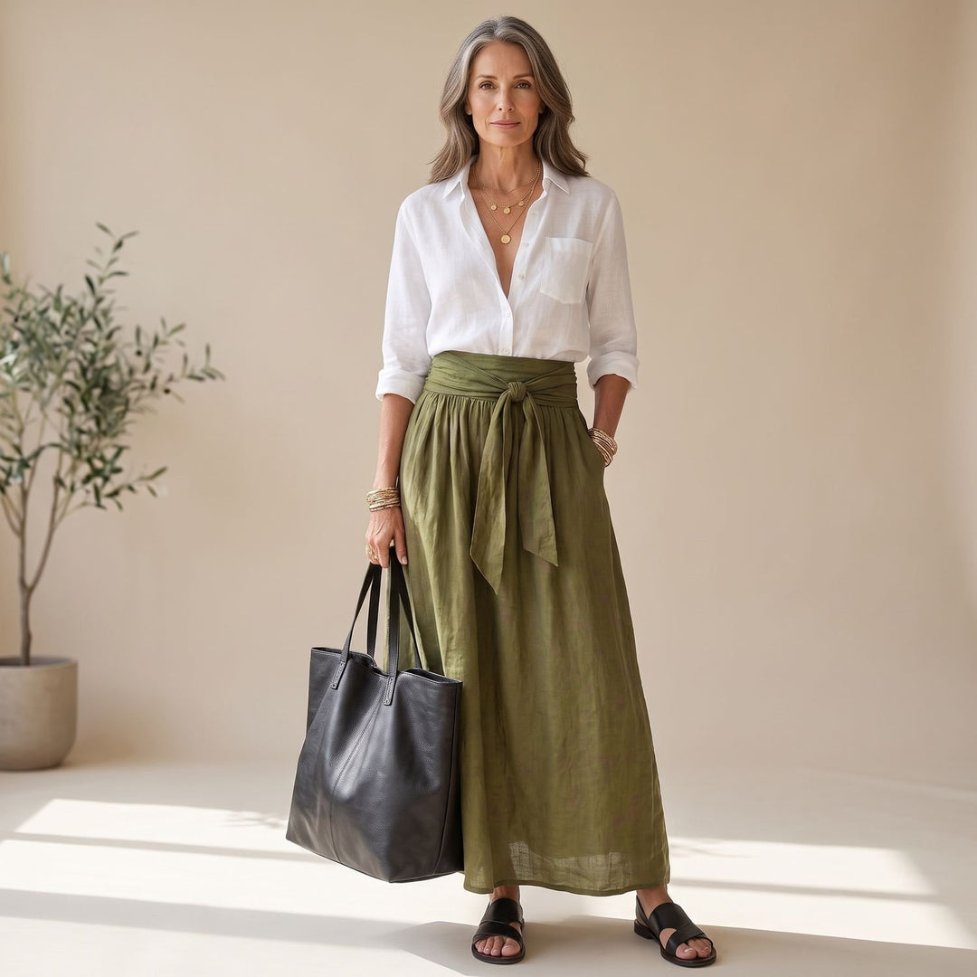 Women's Two Piece Set Button-Up Blouse High-Waist Tie Midi Skirt - White