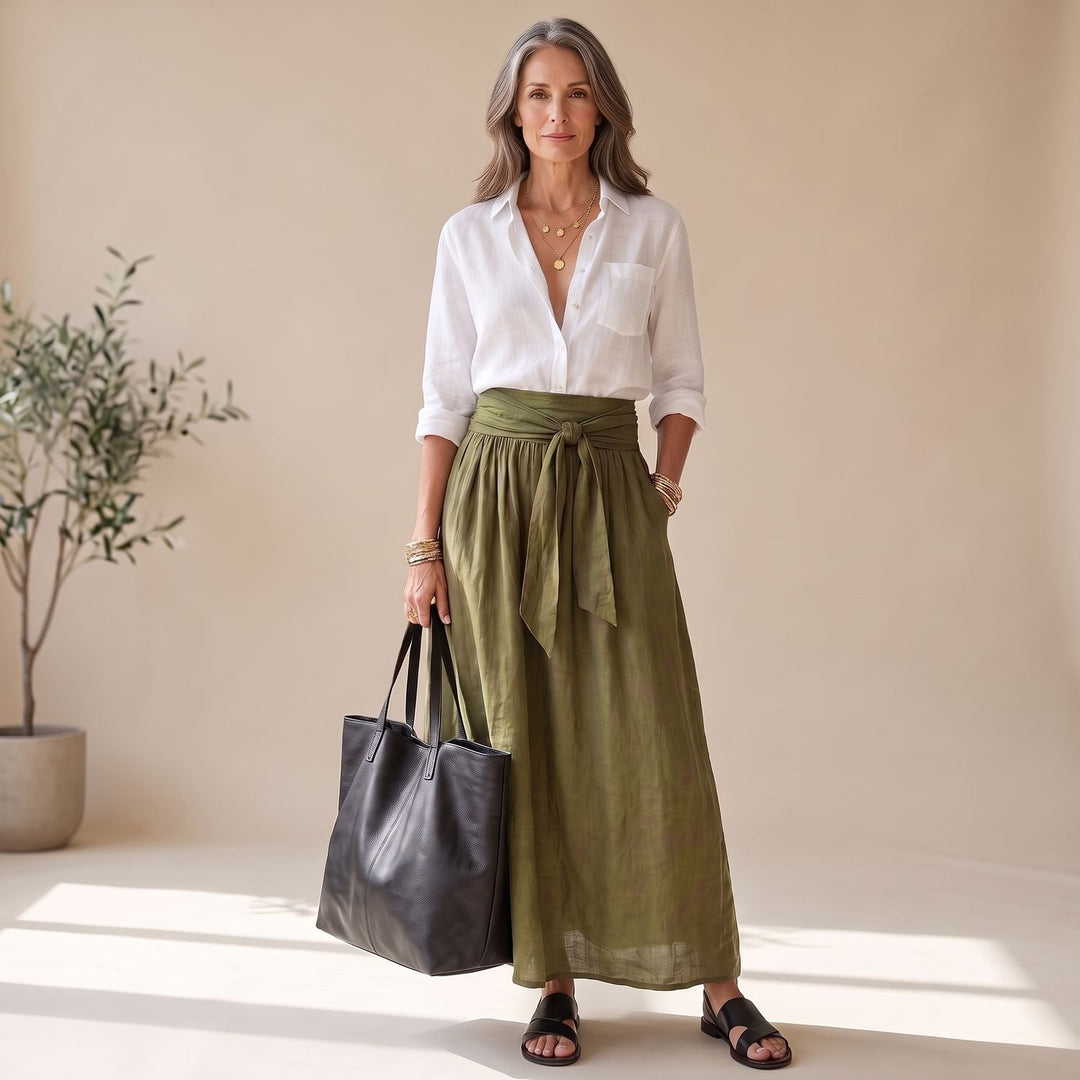 Women's Two Piece Set Button-Up Blouse High-Waist Tie Midi Skirt - Brown