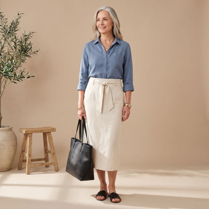 Women's Two Piece Set Button-Up Blouse High-Waist Tie Midi Skirt - Light Blue