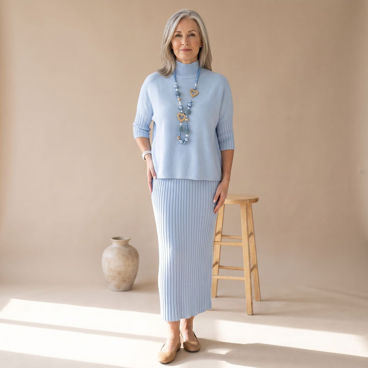 Women's Two Piece Set Elegant Ribbed Knit Sweater Midi Skirt - Blue