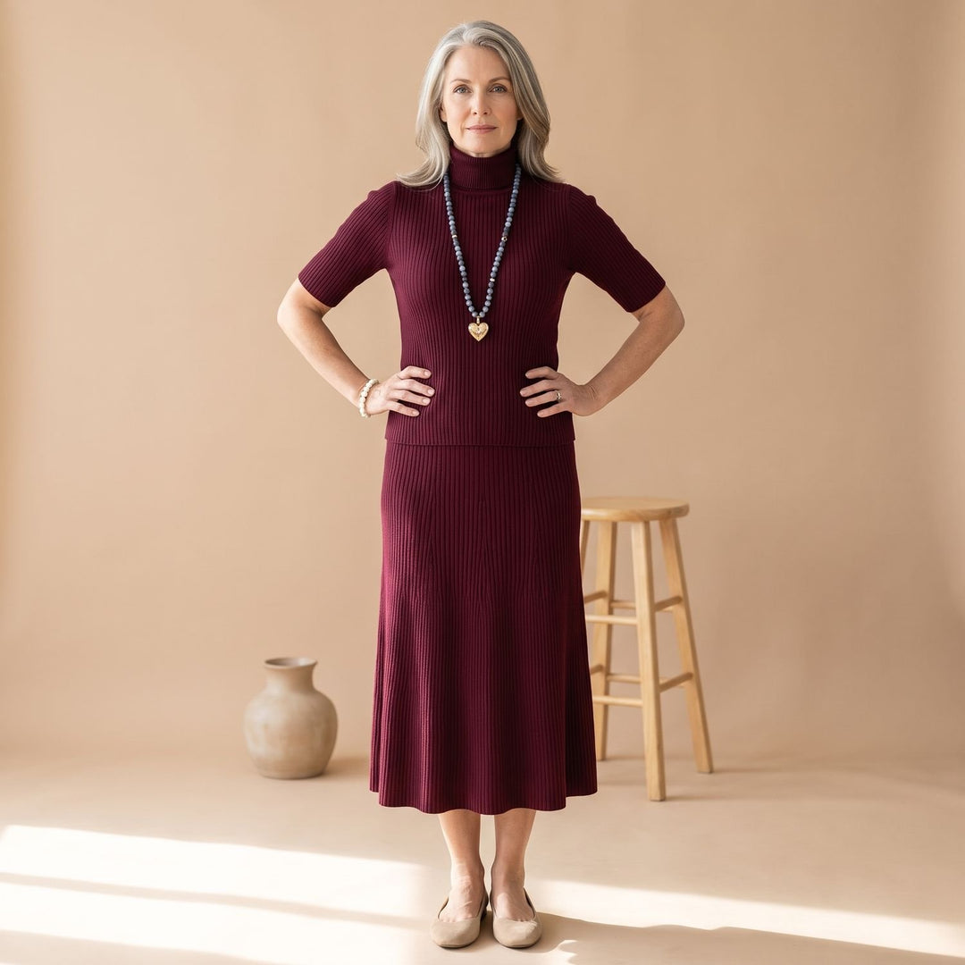 Women's Two Piece Set Elegant Ribbed Knit Sweater Midi Skirt - Burgundy