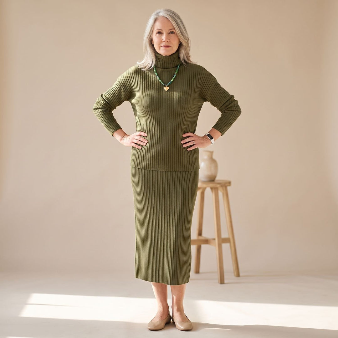 Women's Two Piece Set Elegant Ribbed Knit Sweater Midi Skirt - Army Green