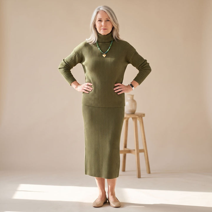 Women's Two Piece Set Elegant Ribbed Knit Sweater Midi Skirt - Army Green