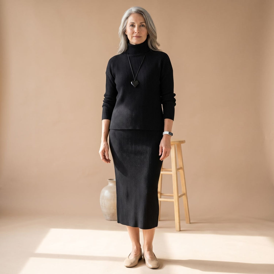 Women's Two Piece Set Elegant Ribbed Knit Sweater Midi Skirt - Black