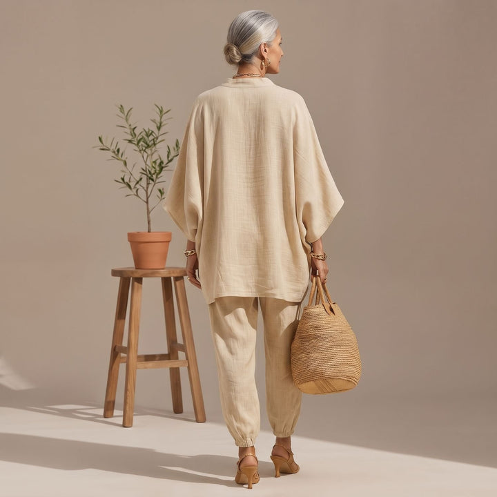 Women's Two Piece Set Linen-Look Oversized V-Neck Top Tapered Pants