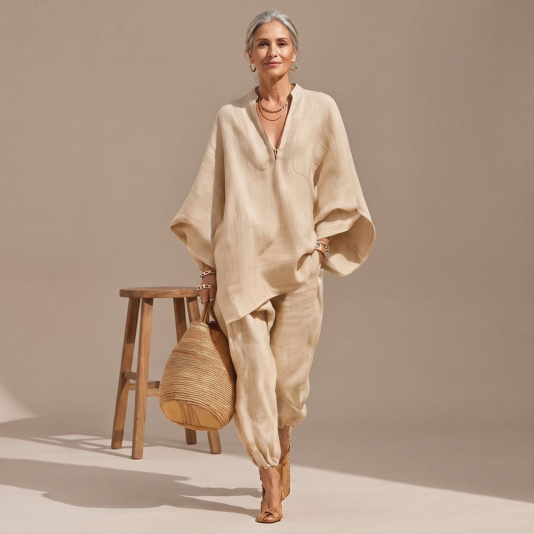Women's Two Piece Set Linen-Look Oversized V-Neck Top Tapered Pants